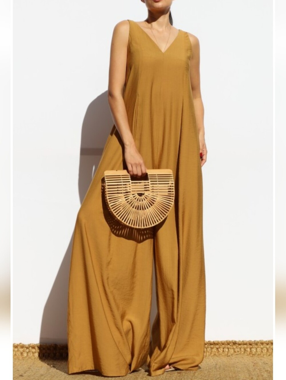 Sleeveless Wide-Leg V-Neck Jumpsuit in Golden Mustard  NWT